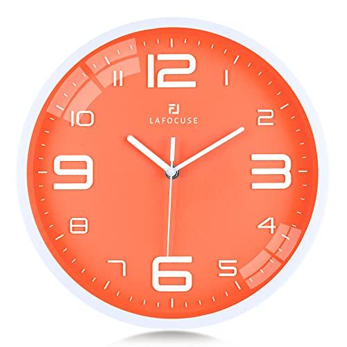 Lafocuse 30cm Horloge Murale Orange Grande Chiffres 3D Design Moderne, Silencieuse Pendules Murales sans Tic-tac Déco pour Cuisine Salon Chambre Bureau
