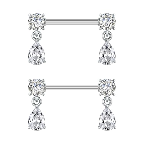 Kokoma 14G Dangle Charm Nipple Rings for Women Rhinestone Cubic Zirconia Dangling Star Moon Nipplerings Straight Bar Cross Drop Nipple Shield Barbell Ring Fashion Body Piercing Jewelry (Teardrop)