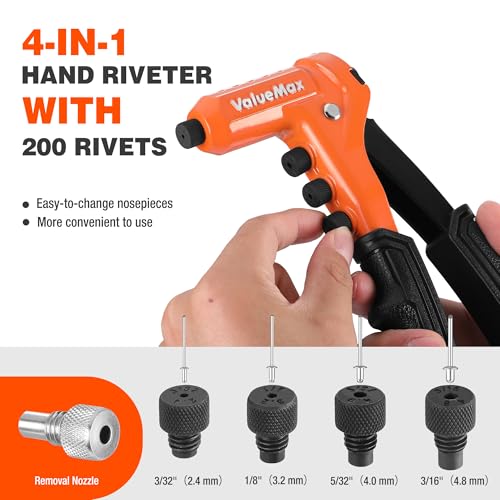 Image of ValueMax 4-in-1 Rivet Gun, Heavy Duty Pop Rivet Gun Kit with 200 Rivets - 3 /32 inch, 1 /8 inch, 5 /32 inch, 3 /16 inch, 4 Interchangeable Nosepieces, Drill Bits, Rivet Tool for Metal, Plastic, Leather