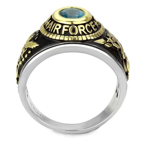 Men's US Air Force Military Ring, Blue Crystal Stone, Gold-Tone and Black Stainless Steel3