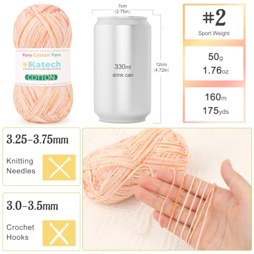 Image of Katech 1OO% Variegated Cotton Yarn for Crocheting-2 Sport Weight Baby Yarns | 6*50g(1.76oz) /160m(175yd)-Soft & Breathable, Pure Cotton Yarn Bulk-Fine Multicolor Yarns for Summer Clothes, Shawls, Dress(E)