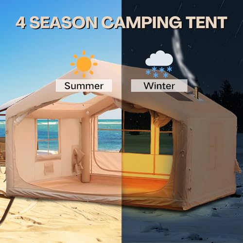 Inflatable Tent, Outdoor Easy Setup Inflatable Tents for Camping, Portable Blow Up Tent with Stove Jack, Cotton Canvas Material for Glamping, for 4 Season, 4/6/8/10 Person Use - Image 2