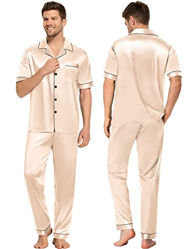 Swomog Women's Satin Short Sleeve Pajama Set Two Piece Sleepwear Set Notch Collar Nightshirt With Lounge Pants Champagne #TOP2