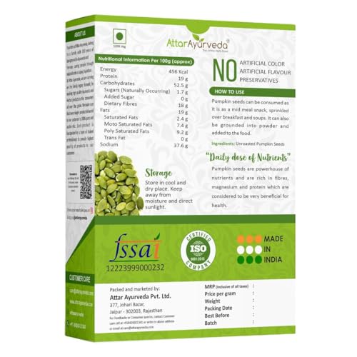 Image of Attar Ayurveda Raw pumpkin seeds for eating (250 grams) | Protein and Fiber Rich Superfood | Unsalted, unroasted