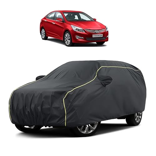 Image of Sulfar 100% Water Resistant Car Body Cover Compatible with Mirror for Hyundai Fluidic Verna (Triple Stitched, Full Bottom Elastic, Dark Grey Taffeta with Yellow Piping)