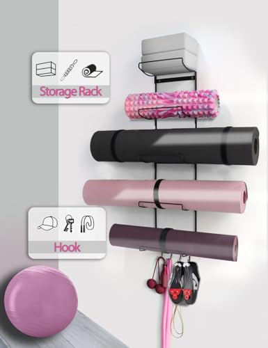 Image of MRZZATA 5-Tiers Yoga Mat Holder Wall Mount, Metal Storage Rack for Mats /Wheels, Foam Roller and Block, Wall Rack with 3-Hooks for Hanging Stretching Strap, Resistance Bands, Yoga Accessories