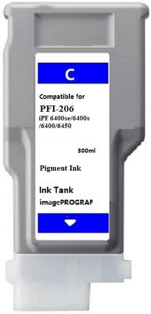 Vivid Colors VC PFI-206 Cyan Ink Cartridge Tank for Canon PFI-206C (300ml, Cyan) for Canon imagePROGRAF 6400se 6400s 6400 6450 Printer.