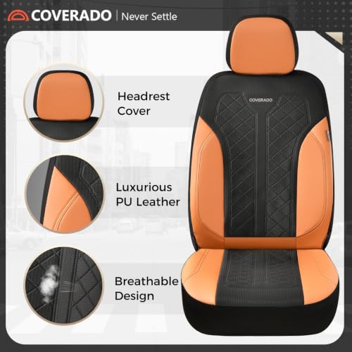 Image of Coverado Car Seat Covers Full Set, Waterproof Seat Covers, 5-Piece Brown Automotive Seat Covers, PU Leather & Breathable Mesh Seat Protectors, Universal Fit for SUVs, Trucks, Sedans