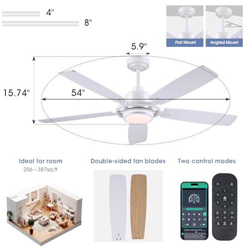 54"White Ceiling Fans with Lights and Remote, Modern Bedroom Ceiling Fans with 3 Colors 6 Speeds, Reversible DC Motor by SHIHOT - Image 3