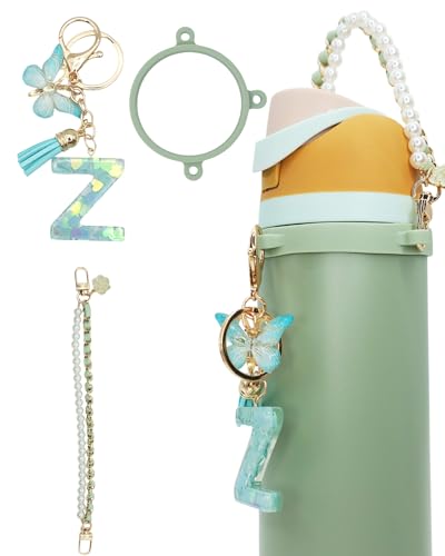 TOVICE Letter Accessories for Owala Water Bottle 24-40oz, 3PC Cute Initial Keychain & Water Bottle Handle Strap with a Thick Elastic Silicone Ring Holder (Mint Green, Z)