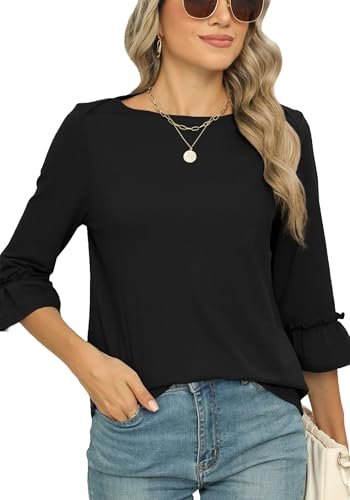 Poetsky Womens Elbow Length Tops Cute Boat Neck Summer Fall Casual Tunic Blouses Black Xl cover