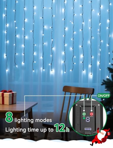 Aigostar Luci Natale Esterno Cascata Solari 3M+5M*0.4M 100 Led: Tenda Luminosa Natale Esterno Impermeabile IP65-8 Modos Per Natalizie Finestra Balcone Patio Feste. Luce Bianca Fredda - 3