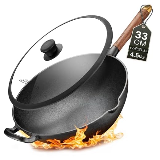 NA FRIEDEWALD Gusseisen Wok mit Deckel | Wokpfanne | Schmorpfanne | 33cm 5L | massive Große Grill & Bratpfanne | induktionsgeeignet | Anti-Haft Beschichtung | hoher Rand | alle Herdarten