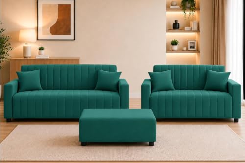 Image of Rosebell 3+2 Velet Fabric Sofa Set with Ottoman | 5-Seater Sofa | Living Room Furniture, Apartment & Office |Green-Color