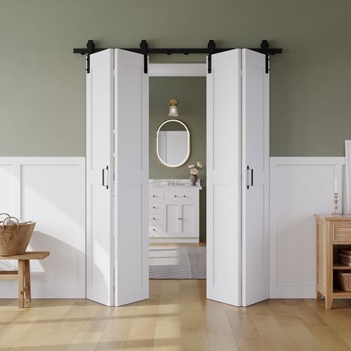 Bifold Barn Door 56' x 84', MDF Bi-Fold Sliding Closet Doors with Hardware Kit Included, Pre-Finished Easy Assembly, Water-Proof PVC Surface & Save Space, H-Frame, 64' Track for 4 Doors,White
