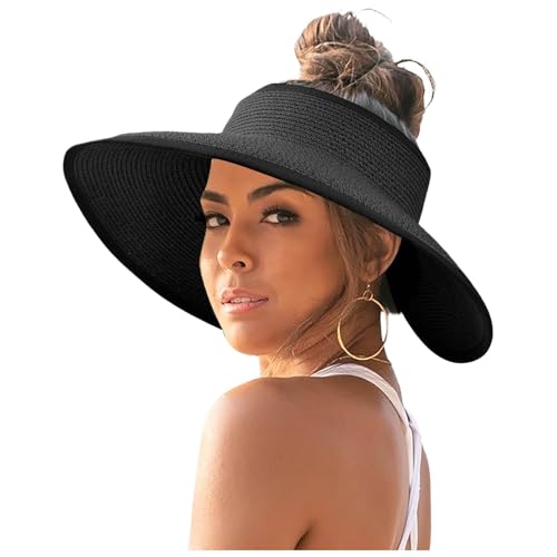 Sommerhut Damen Leicht mit Loch Zopf Sonnenschild Strandhut Strohhut Atmungsaktiv Uv Schutz 50 Schwarz Breite Krempe Sommerhut Sonnenhüte Großer Kopf Elegant Faltbar Sonnenhut