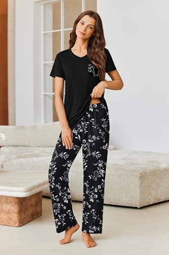 Ekouaer Pajama Sets for Women Short Sleeve Pj Set V Neck Sleepwear Chest Pocket with Long Pants Casual Loose Loungewear Black White Floral L — view 4
