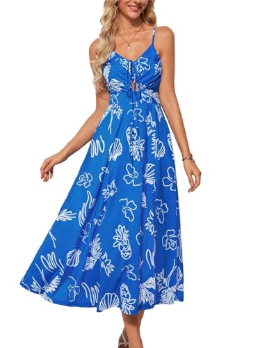 GRACE KARIN Vestido casual floral para mujer, vestido de verano con espaguetis, vestido bohemio acampanado, Flores azules, XL