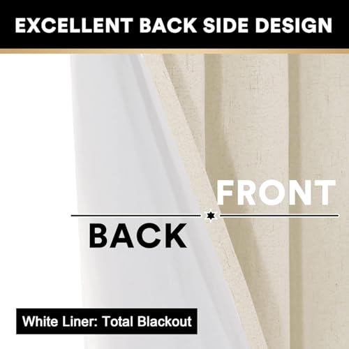 Image of PrinceDeco Linen Texture Curtains 100% Blackout Curtains 90 inch Long 2 Panels Set Full Blackout Linen Curtains with Thermal Insulated Liner Noise Reducing, 52 inch Wide,90 inch Length,Bleached Sand