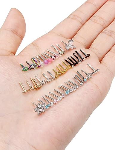 Prjndjw 44pcs 18G 20G Nose Rings Studs Nose Rings for Women Nose Piercings Jewelry Surgical Stainless Steel Straight Nose Studs Moon Star Heart Butterfly Hypoallergenic for Men2