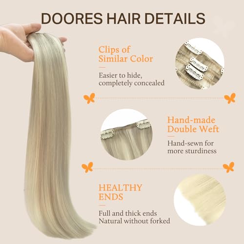 Image of DOORES Hair Extensions, Ash Blonde Highlighted Platinum Blonde 150g 9pcs 20 Inch Remy Human Hair Extensions Straight Natural Clip in Extensions