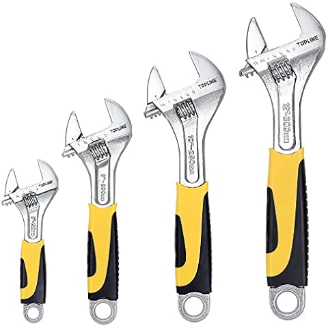 Topline 4-Piece Adjustable Wrench Set with Bi-Material Handles, 12-in, 10-in, 8-in, 6-in, Steel, TPR, Perfect for Basic Home Maintenance and General Applications Cover
