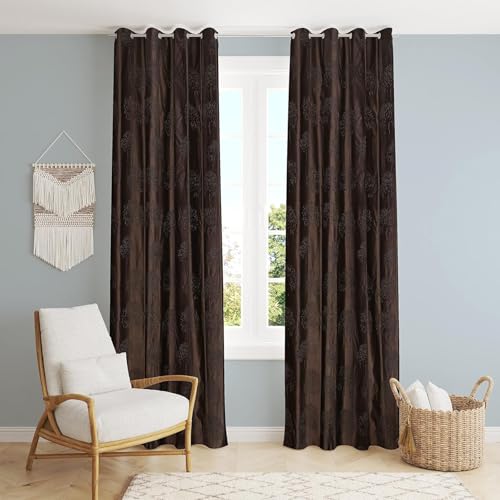 Image of Heavy Quality Punch Tree Curtains 7 Feet Long Set of 1 Pcs | Brown Door Curtains for Living Room, Bedroom | Lightweight 7 Feet Long Drapes for Home Decoration
