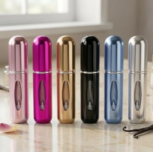 Amarme - Kit com 3 ou 6 Mini Porta Perfumes Recarregáveis Viagem 5ml Spray Portátil, à Prova de Vazamento, Bolsa ou Necessaire - Escolha sua Cor (6 UN (Rosa - Pink - Preto - Dourado - Prata - Azul))