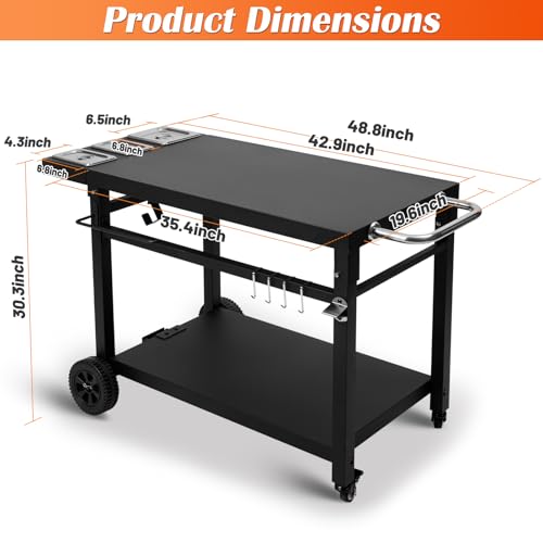 Image of Black Cast Iron 2-Shelf Grill Cart with Wheels,Heavy Duty Pizza Oven Stand for Blackstone Ninja,Outdoor Cooking Station with Durable Tabletop