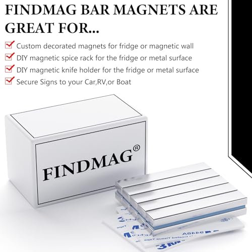 Image of FINDMAG Heavy Duty Bar Magnets with Adhesive, 10 Pack, 60x10x5mm | Strong neodymium magnets with adhesive backing; for cabinet closures, shower doors, garage storage, tools and home projects