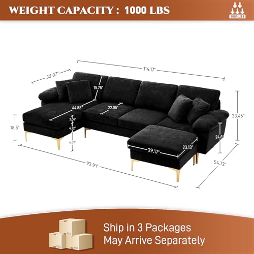 Image of OUYESSIR U-Shaped Sectional Sofa Couch, 4 Seat Sofa Set for Living Room, Convertible L-Shaped Velvet Couch Set with Chaise Lounge, Ottoman and Pillows,114 inches (Black)