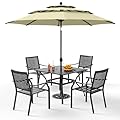 PHI VILLA 5 Pieces Patio Dining Set for 4 with 10ft Patio Umbrella, Metal Outdoor Stackable Wrought Iron Chair Set of 4 & 37" Metal Dining Table,3 Tier Vented Market Table Beige Umbrella