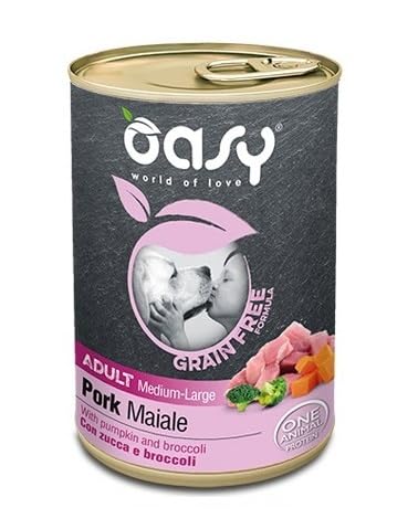 Cibo Umido OASY Grain Free per Cani Medium-Large, Tocchetti di Carne con Verdure, 6 Lattine da 400gr, Senza Cereali e Glutine (Maiale con Zucca e Broccoli)