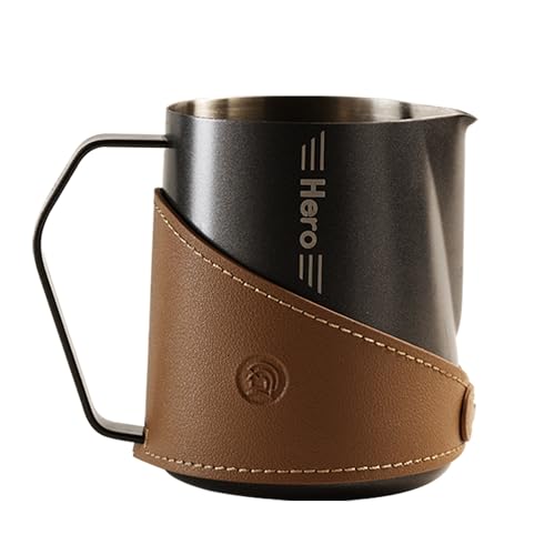 CUFEJORO Milk Frothing Pitcher 450ml/16oz 304 Stainless Steel Espresso Steaming Pitcher with PU Leather, Milk Frothing Jug,milk frother cup,Milk Jug Cup,Premium Barista Tools,Latte Art (Black,20oz)