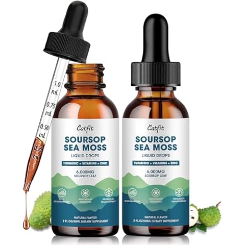 Catfit (2 Pack) Soursop Graviola Liquid Drop, Soursop Leaves Extract with Sea Moss & Turmeric, Soursop Bitters Liquid for Cell Support & Regeneration, Relax, Immune and Antioxidant Support Cover