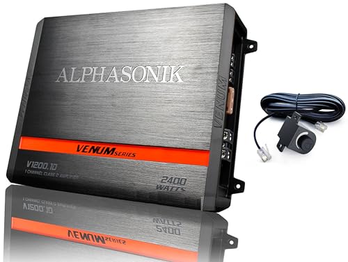 Alphasonik V1200.1D Venum Series 2400 Watts Max Monoblock Car Amp with Power Plant Chip 4-Way Protection Circuitry 1-Channel Subwoofer Class-D Amplifier with Remote Bass Boost Control Knob Included