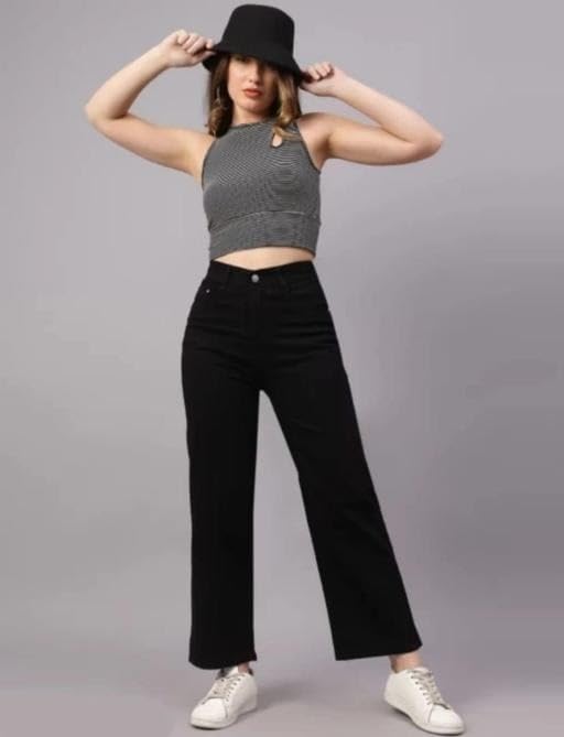 Image of Classic Straight Fit Jeans for Women and Girls Comfortable Button Closure Daily Use