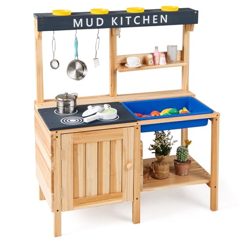 GOPLUS Cocina de Juguete de Madera, Cocina Infantil para Exterior con Fregadero Extraíble, Ganchos, 4 Macetas, Utensilios, Armario y Estantes, para Niños de 3 a 8 Años, 79 x 38 x 93 cm.