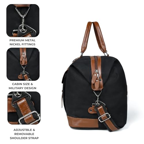 Image of Genuine Leather Large 40L Canvas Weekender Travel Duffle Cabin Bag with Detachable Shoulder Strap for Men and Women Overnight Sling Bag (Black)