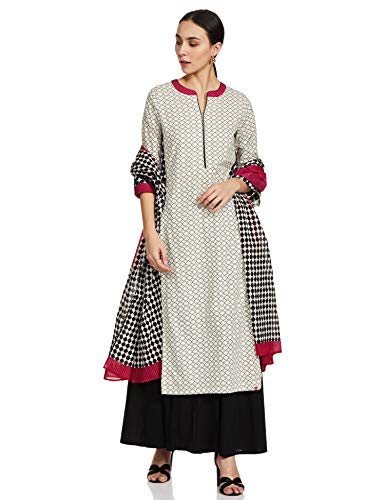 BIBA Women's Off White Cotton Straight Kurta Sharara Suit Set