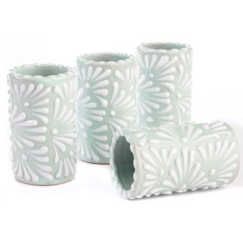 Image of Talavera Shot Glasses Set of 4 Authentic Mexican Tequila Shot Glasses - Hand-painted - 2 Oz (White Brushstroke Mint Background)