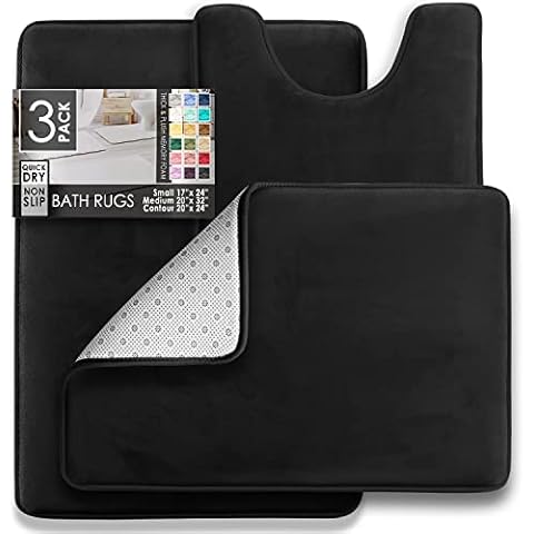 Clara Clark Bathroom Rugs Sets 3 Piece, Velvet Memory Foam Bath Mat - Non-Slip, Machine Wash, Bath Rugs - Dries Quickly, Ultra Soft Bath Mats for Bathroom, Black Bathroom Rug Set Cover