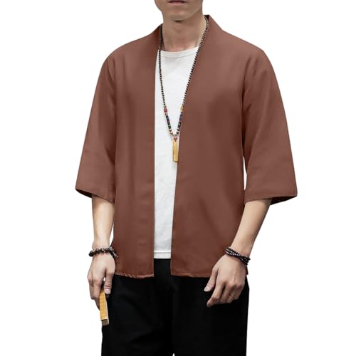 Mens Kimono Cardigan Cotton Linen Japanese Kimono Jacket 3/4 Sleeve Haori