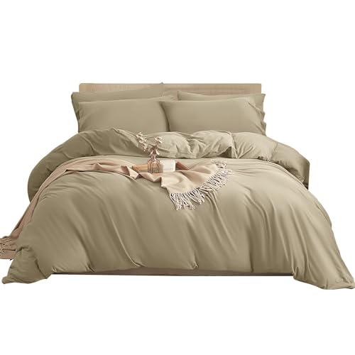 Imperial Rooms King Size Duvet Cover Sets – Brushed Microfiber 3 PCs Plain Bedding Set with Pillow Cases – Button Closure Ultra Soft Quilt Bed Cover (230 x 200 Cm) - Beige