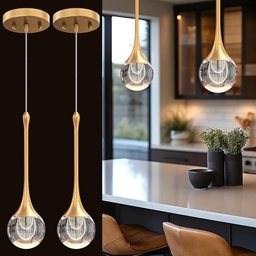 Gold Pendant Lights Kitchen Island, Teardrop Crystal Led Lighting Fixture