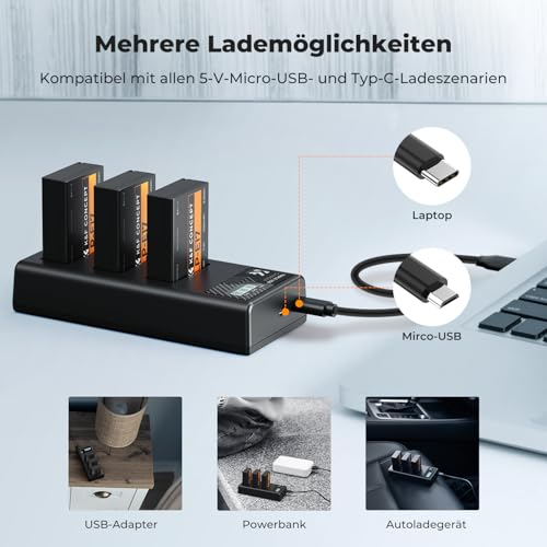 K&F CONCEPT 3er-Pack LP-E17 1250mAh Akku und Verbessertes 3-Schacht LCD Ladegerät,Kompatibel mit Canon EOS RP, EOS R10, EOS R8, EOS R50, Rebel T8i,T7i,T6i,SL2, SL3, EOS 77D, EOS 750D Powershot V1