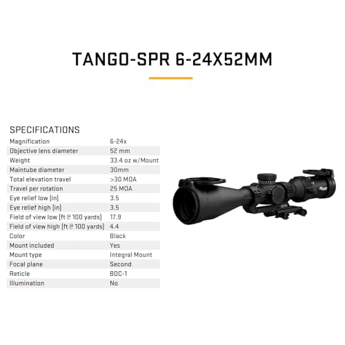 SIG SAUER Tango-SPR 6-24x52mm 30mm Tube Second Focal Plane/SFP/F2 Shockproof Waterproof Fogproof Tactical Riflescope | MOA BDC-1 Reticle, Flip-Back Caps & Throw Lever Included, SOTS46000