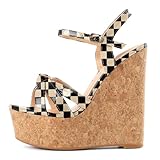 YODEKS Wedge Sandals for Women Platform High Heel Open Round Toe Cork Heels Sexy Patent Checkered Beige Pumps Size US 6