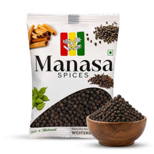 Image of Manasa Spices Black Pepper Whole 100gm, Kali Mirch Whole Sourced from the fertile Western Ghats, Bold Sun-Dried Peppercorns, 100% Natural & Pure, Rich Aroma & Flavor, Sabut Gol Mirch for Cooking
