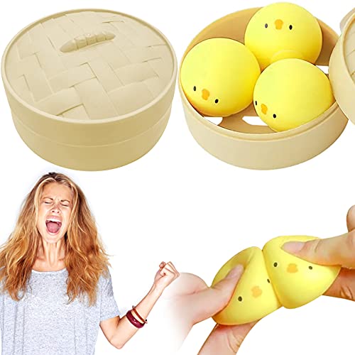 ZJRUI 3PCS Chick Squishy Stress Balls for Adults, Cute Dumpling Fidgets Toys Anxiety Relief Items Stuffed Chick with Steamer, Dumpling Stress Ball Kawaii Fidgets Stress Adult Anxiety Relief Gadgets